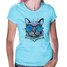 Baby Look Gato de Óculos Psicodélico - Foca na Moda, Azul bebê, GG