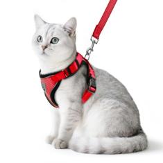 PUPTECK Conjunto de arnês e coleira para gatos, à prova de fuga, refletivo, ajustável, colete de malha respirável macio para animais de estimação pequenos, vermelho, M