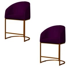 Kit 02 Banco Banqueta Poltrona Mia Base Metal Bronze Veludo - Fina Mob