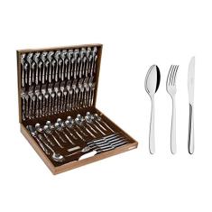 Faqueiro Tramontina Cannes em Aço Inox com Facas de Mesa Forjadas Acabamento Alto Brilho e Estojo de Madeira 76 Peças