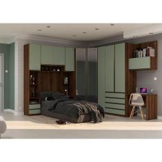 Guarda Roupa Solteiro de Canto Vidro Reflecta com Escrivaninha Nogueira Verde Prime Luciane Móveis