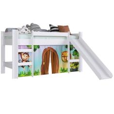 Cama Infantil com Degrau Escorregador Cortina Estampada Zoo - Completa