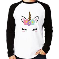 Camiseta Raglan Unicórnio Cílios Manga Longa - Foca na Moda, Branco, P