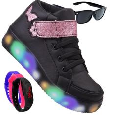 Tenis Infantil De Led Botinha Borboleta Meninas Feminino Brilhante + Oculos Relogio-Feminino