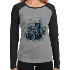 Baby Look Raglan Câmera Fotográfica Manga Longa - Foca na Moda, Cinza,