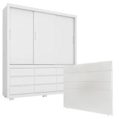 Quarto de Casal Guarda Roupa Detroit Branco Brilho e Cabeceira Bia 160 cm Branco – Demobile