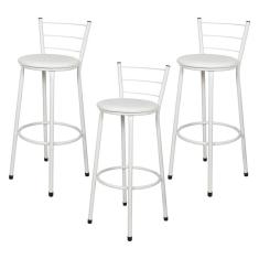 Jogo 3 Banqueta Alta Para Cozinha Branca Epoxi Assento Branco