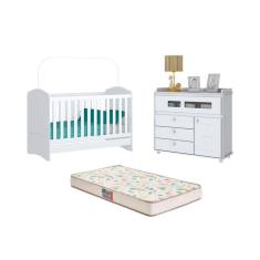 Berço Bala de Menta e Cômoda Aquarela Branco e Colchão - FdECOR