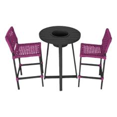 Conjunto Bistrô Champanheira Tampo Ripado E 2 Banquetas França Corda Náutica Rosa - Cor: Rosa