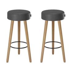 Kit 2 Banquetas Banco Alto Londres Couro Preto Bar Cozinha Pés Madeira