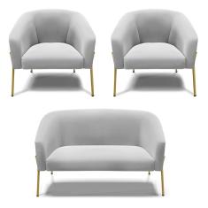 Sofá Namoradeira E 2 Poltronas Pé De Ferro Dourado Stella Suede D03 - D'rossi Cor Cinza