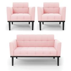 Sofá Namoradeira E 2 Poltronas Base De Madeira Preto Elisa Suede D03 - D'rossi Cor Rosa Bebê