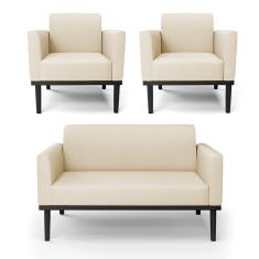 Sofá Namoradeira com 2 Poltronas Base de Madeira Fixa Preto Marisa Linho  D03 - D'Rossi