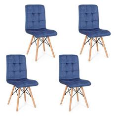 Conjunto 04 Cadeiras Eiffel Gomos Veludo Estofada Base Madeira - Azul Marinho