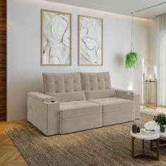 Sofá Retrátil e Reclinável com Porta Copos e Usb 3 Lugares 220cm Embaúba Extra Cabecasa Madeiramadei Bege Fosco