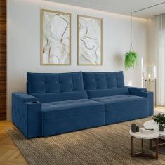 Sofá Retrátil e Reclinável com Porta Copos e Usb 4 Lugares 300cm Embaúba Extra Cabecasa Madeiramadei Azul Diamante