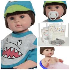 Boneco Reborn Realista Grande Enxoval Tubarãozinho + Pelúcia - Cegonha