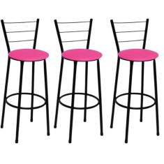 Kit 3 Banquetas Altas Preta com Encosto Assento Rosa - Fortmix