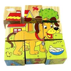 Cubos de madeira de brinquedo de quebra-cabeça 3D, 9 peças com padrão de animal de desenho animado