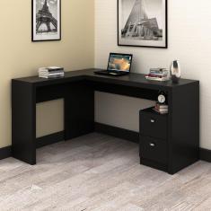 Mesa de Escritório em L com 2 Gavetas - Preto
