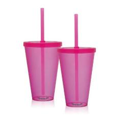 Kit 2 Copos Com Tampa E Canudo Rosa Acrílico Ps - Krystalon