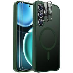 Ezanmull Capa magnética à prova de choque para Samsung Galaxy S24 FE, [adequada para MagSafe] [protetor de tela de vidro + protetor de lente da câmera] Capa translúcida antiimpressão digital para