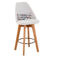 Banqueta Alta Maya Giratória Com Encosto Gourmet Linho Bege e Almofada Linhas Coloridas - Aurora Line