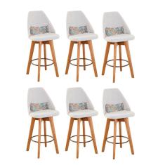 Kit 06 Banquetas Alta Maya Giratória Com Encosto Linho Bege Claro e Almofada Folhas - Aurora Line