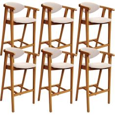 Kit 06 Banquetas Alta Cecília L02 Assento Tecido Base Madeira Encosto Fixo Bege para Cozinha
