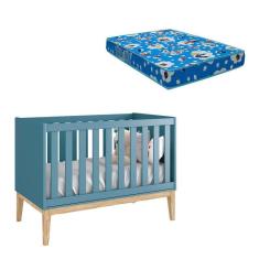 Berço Americano New Classic Azul Com Pés Madeira Natural E Colchão Ortobom ? Reller