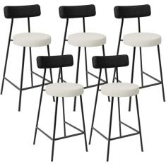 Kit 05 Banquetas Baixa Cozinha Sala Jantar Milão L02 Couríssimo Preto Linho Champagne - Lyam Decor