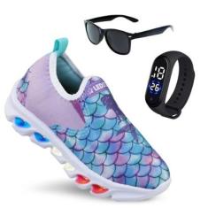 Tênis de Led Infantil Feminino Ledstar Calce Facil Sereia + Relógio + Óculos-Feminino