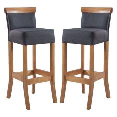 Kit 2 Banquetas Alta com Encosto Estofado Diamantina em Madeira Maciça Mel Linho Cinza L67 RMI