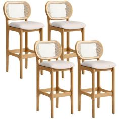 Kit 04 Banquetas Altas Para Cozinha Bancada Sala Tela Betta Fixa L02 Linho Cru - Lyam