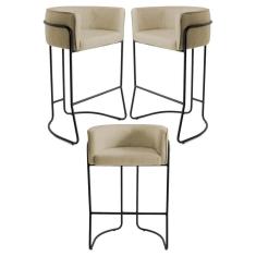 Kit 3 Banquetas Base Aço Preto Betina C-129 Linho Creme - Domi