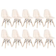 Kit - 10 X Cadeiras Estofadas Eames Eiffel Botonê - Base De Madeira Clara - Creme