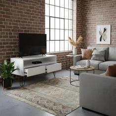 Rack para TV Bancada Com Nicho e Gaveta Pés Hairpin Legs Estilo Industrial Branco Laca