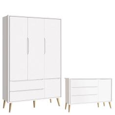 Cômoda Infantil com Porta e Guarda Roupa 3 Portas Theo Branco Acetinado Pés Madeira Natural – Reller