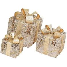 Conjunto de 3 caixas de presente LED iluminadas de Natal decorativas com caixas de luz quente conjunto de pacotes com enfeites e laço de ferro moldura interna decoração de Natal ao ar livre,