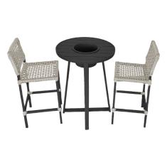 Conjunto Bistrô Champanheira Tampo Ripado e 2 Banquetas França Corda Náutica Areia