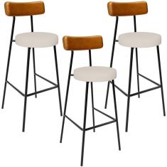 Kit 03 Banquetas Alta Cozinha Sala Jantar Aço Milão L02 Couríssimo Whisky Linho Cru