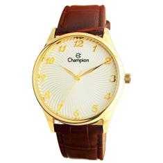 Relogio Masculino Couro e Dourado Anaógico Social Champion