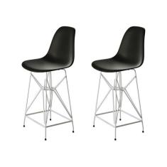 Kit 2 Banquetas Bistrô Alta Eames Preta Base Ferro Branco - Cor: Preto