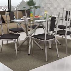 Conjunto Sala de Jantar Mesa Tampo de Vidro Volga e 6 Cadeiras Florença Crome Kappesberg Cromado/Preto