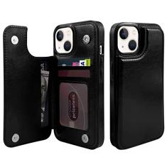 TopPerfekt Capa carteira para iPhone 13 e 14 com suporte para cartão, capa traseira flip de couro PU com compartimentos para cartões, fecho magnético duplo, capa protetora à prova de choque durável,