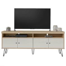 Rack para Tv de até 60'' com 4 portas de abrir, com pés de metal e tampo em tamburato 50 mm LIBERTY cor Carvalho com Off White - Artely