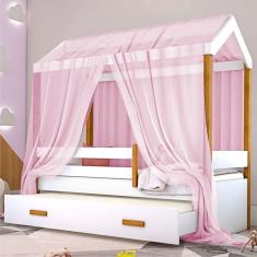 Cama Montessori Cabana Com Auxiliar Colchão E Dossel Rosa