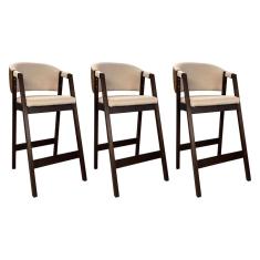Kit 3 Banquetas Alta para Bancada de Cozinha Ravena Madeira Maciça Capuccino Linho Marrom Bege CCS