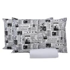 Jogo Lençol 3 Peças Cama Viúva Percal 150 Fios Estampa de Jornal - Tha