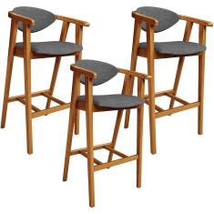 Kit 03 Banquetas Alta Cozinha Bancada Bar Sala De Jantar Fixa Cecília L02 Linho Cinza Escuro